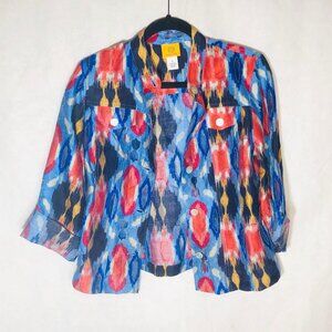Ruby Rd shirt graphic mid or long sleeve blue multi color button down sheer READ